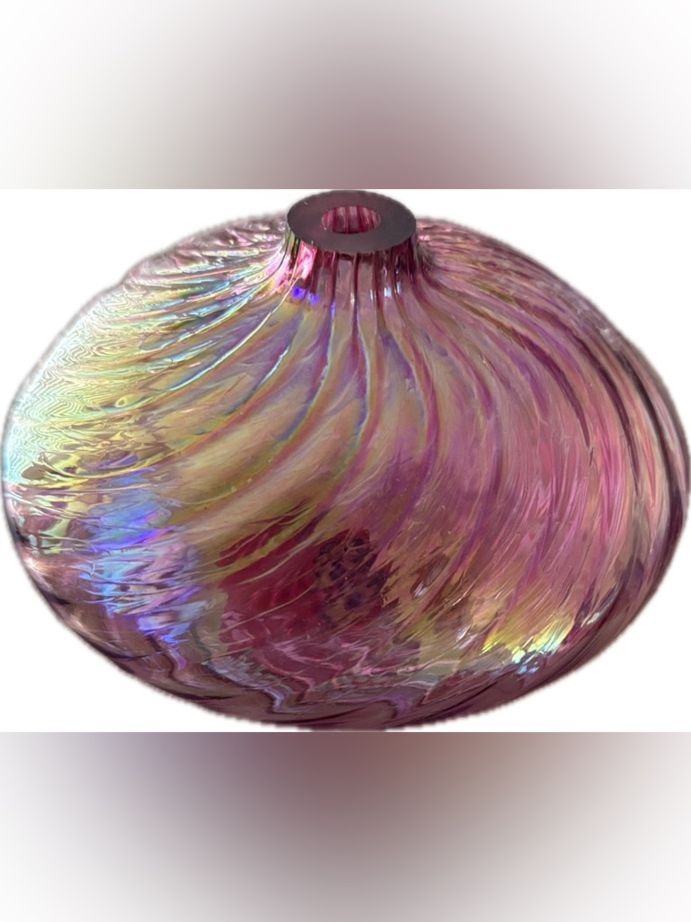 Glass Eye Studio Iridescent Pink Swirl Glass Vase Oil Lamp Vintage